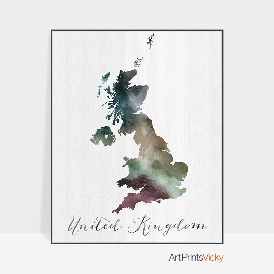 Great Britain Watercolor Map, Great Britain Wall Art, Uk Map, United ...