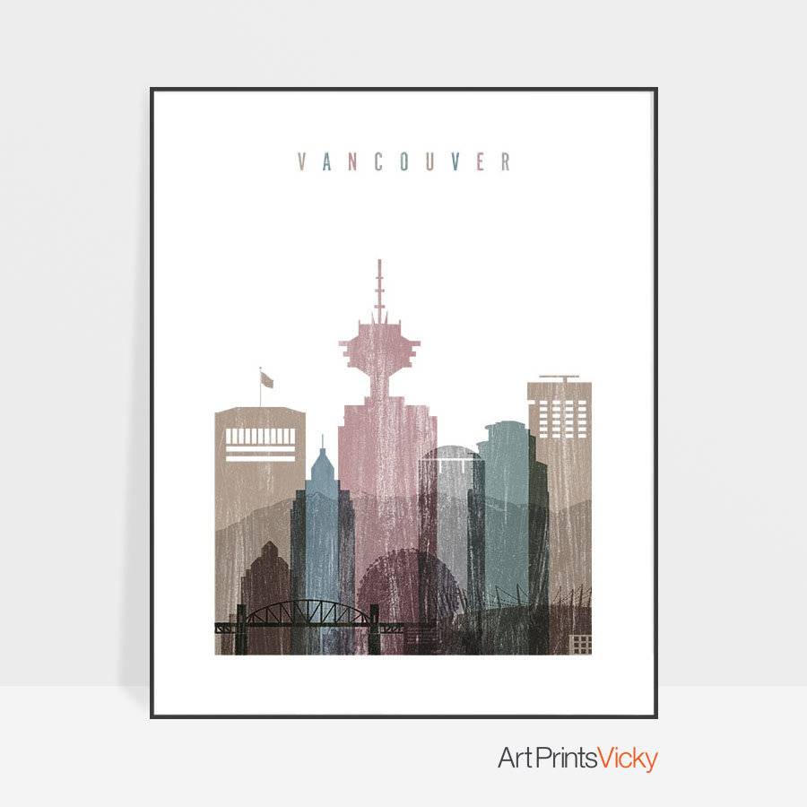 Vancouver Art Print, Travel Wall Art, Distressed, Vancouver Skyline ...